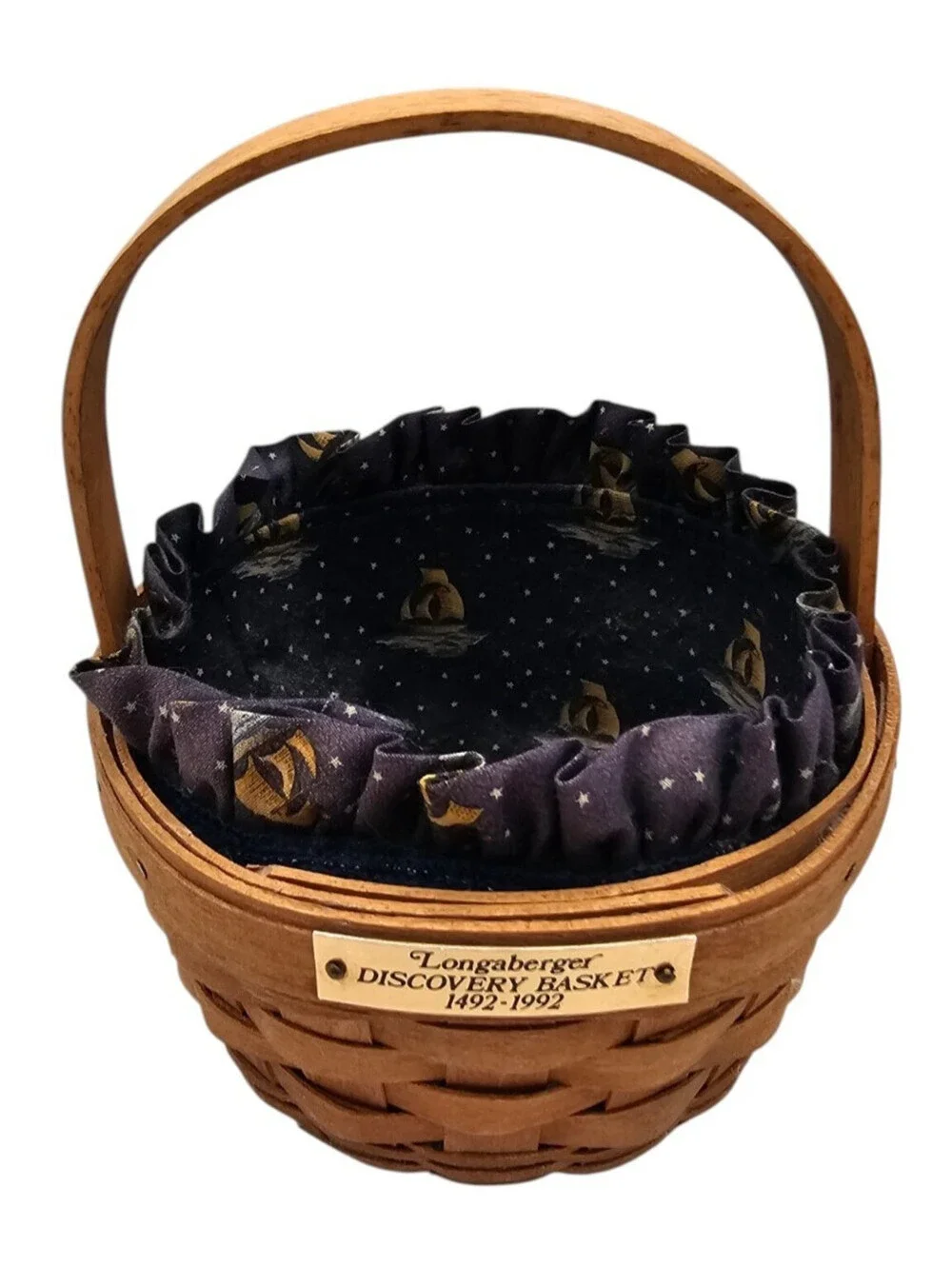 Longaberger 1492-1992 Discovery Basket with a commemorative tag sailboat liner